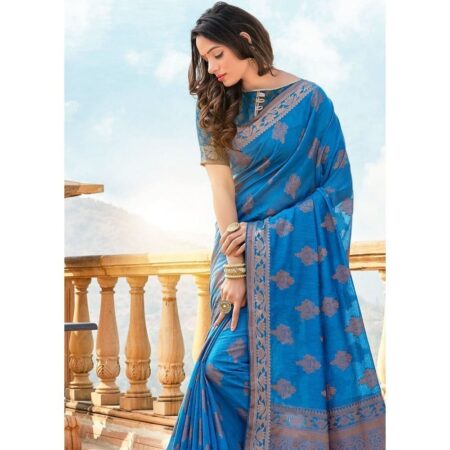Loosespin dark blue soft cotton silk weaving saree with zari work