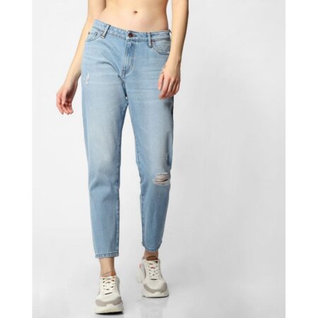 Loosespin blue mid rise ice washed boyfriend jeans
