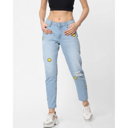 Loosespin x smiley blue mid rise smiley print mom jeans