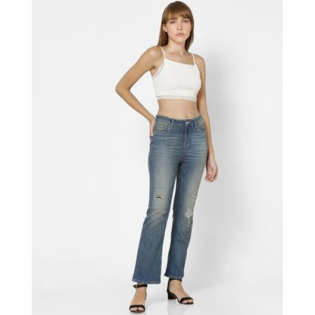 Loosespin unique light blue high rise kick flare distressed jeans