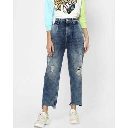 Loosespin blue high rise slouch fit distressed jeans