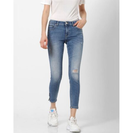 Loosespin blue mid rise zip detail skinny fit jeans